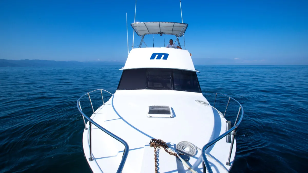 The bow of the 38 ft Bertram Nicolle sportfishing boat heading out of Marina Los Peines
