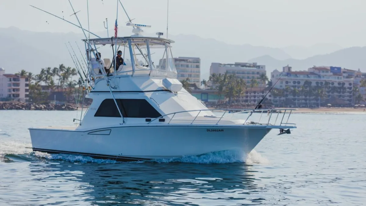 The 35 ft Cabo express sportfisher running out of Nuevo Vallarta toward the fishing grounds