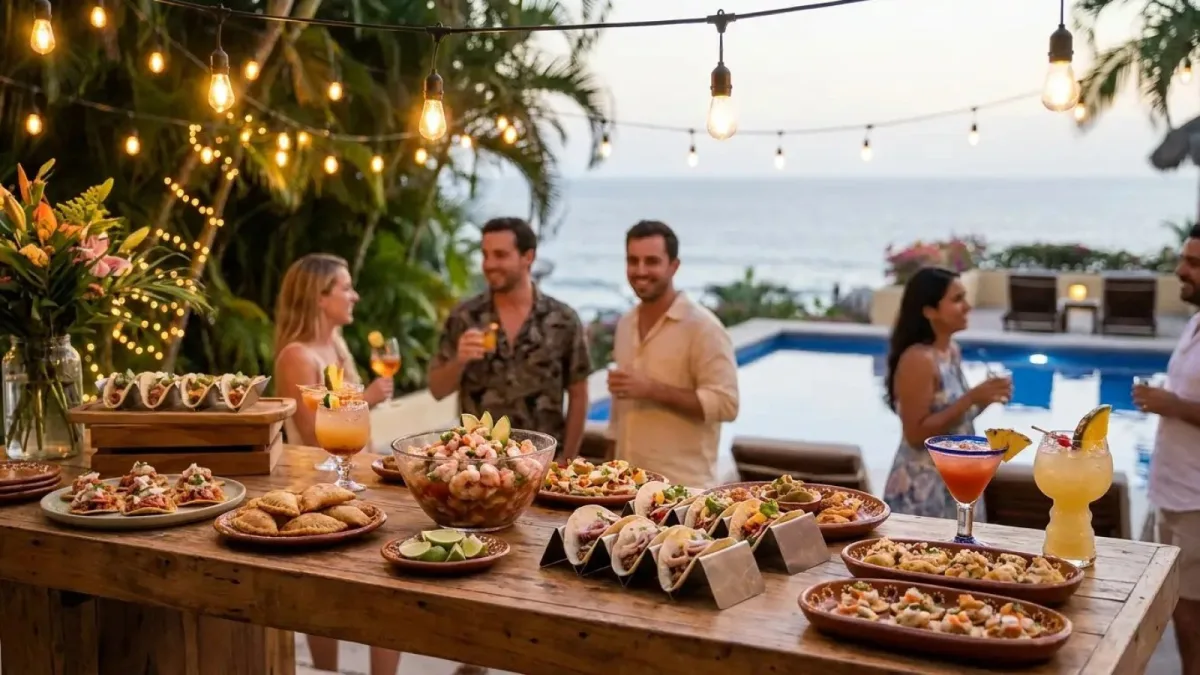 Guests gathered around a taco and ceviche bar set up beside a villa pool at dusk in Puerto Vallarta