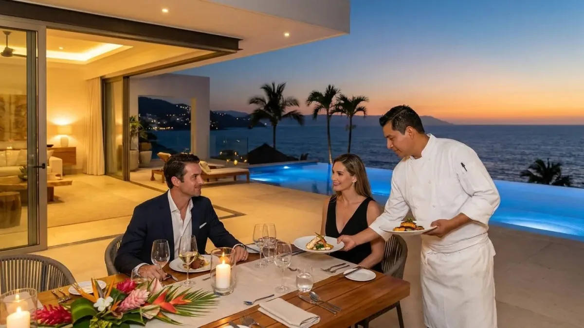 Chef in whites presenting the first course to guests seated at a villa dining table beside the pool