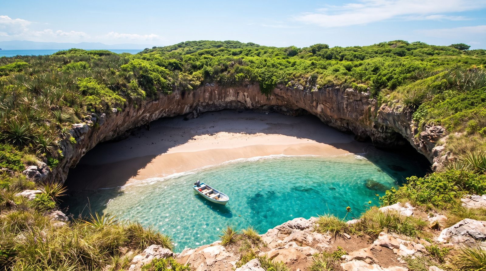 Boat anchored near the rock tunnel entrance to Hidden Beach at the Islas Marietas
