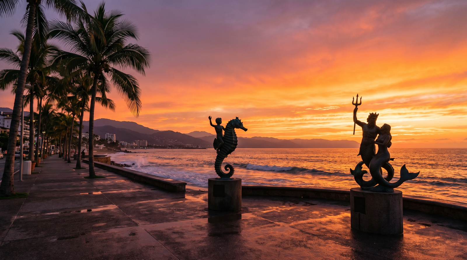 View of the Puerto Vallarta Malecón boardwalk with the bay in the background