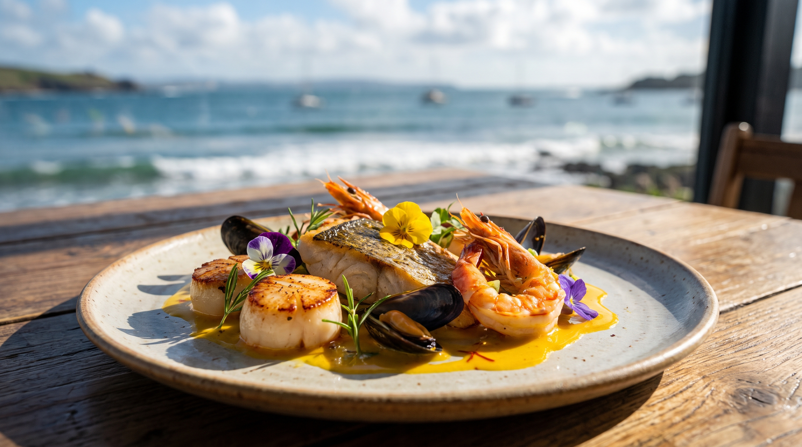 Couple dining at a restaurant table overlooking Banderas Bay at sunset
